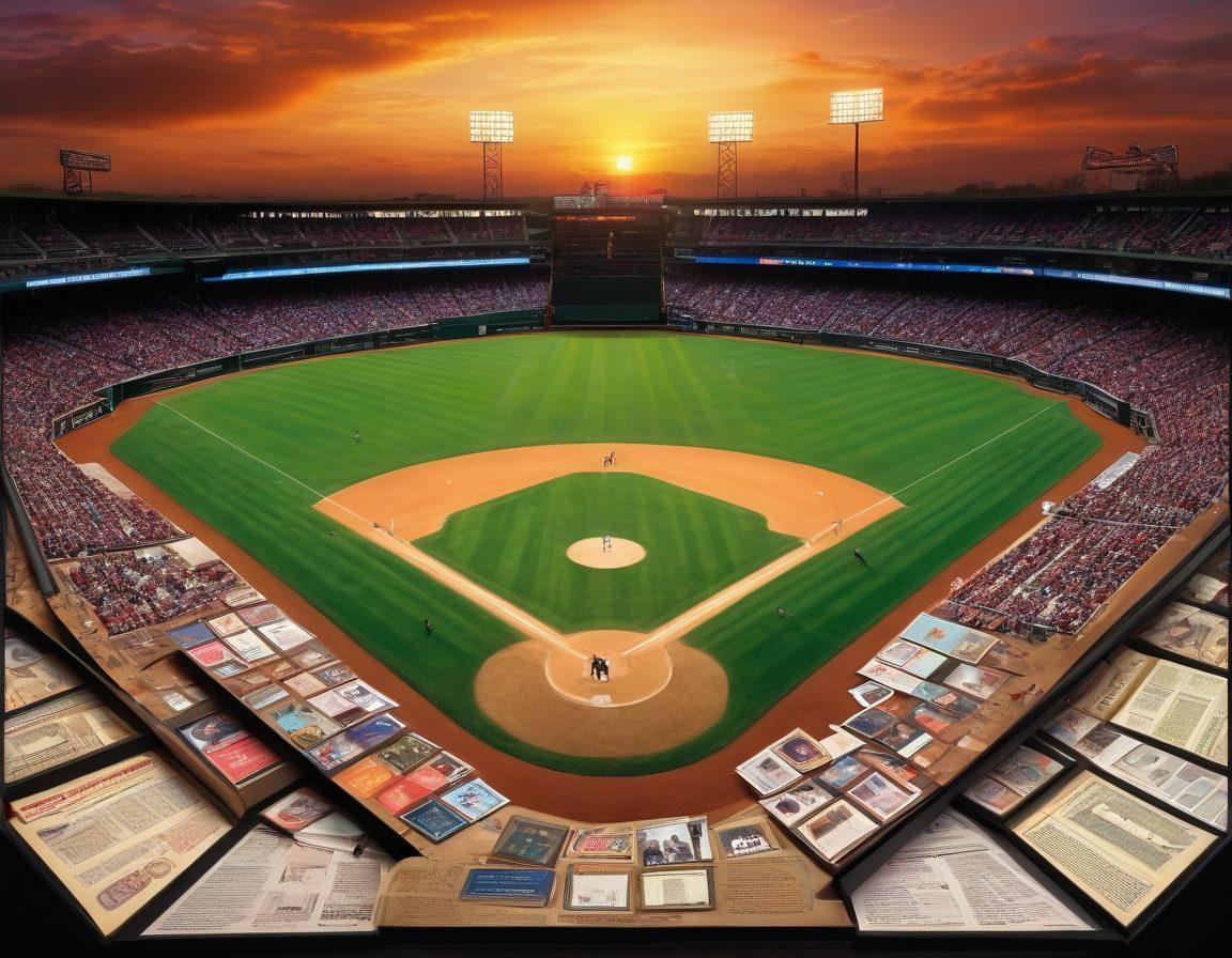 An intricate collage showcasing a diamond-shaped baseball field at the center, surrounded by dynamic graphics representing various baseball statistics, historical data sheets, and player profiles. Elements like vintage baseball cards and a time capsule featuring notable moments in baseball history add depth and context. The background should blend vibrant colors of a sunset reflecting the essence of America's favorite pastime. super-realistic. vibrant colors. 3D.