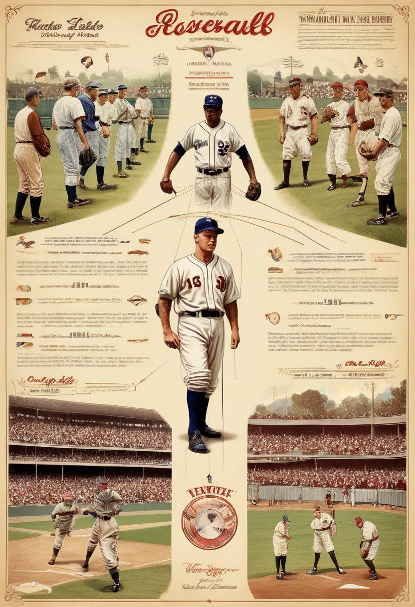 A timeline visual depicting the evolution of baseball, showcasing iconic players in distinct eras, with vintage baseball memorabilia, contrasting equipment styles, and graph-like trends of player performance stats. The background should include a baseball diamond and nostalgic crowd scenes, capturing the essence of America’s pastime. vibrant colors. illustration style.